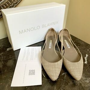 Manolo Blahnik Tan Fabric Soussaba Cutout Flats Sz38/8US
